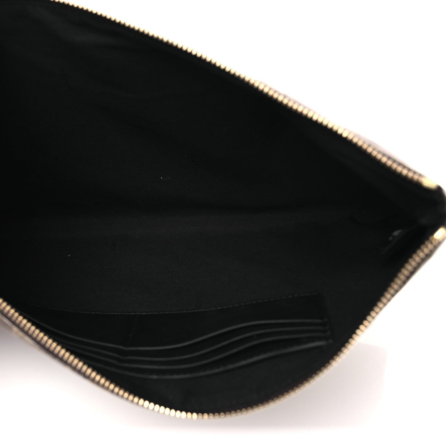 Fendi Glazed Fabric Vitello Century FF 1974 Stamp Patch Large Flat Pouch Mogano Panna Black