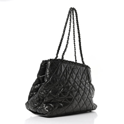 Chanel Metallic Aged Calfskin Quilted Small Chain Me Tote Dark Silver