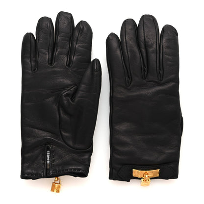 Hermes Lambskin Cashmere Kelly Lock Gloves 6.5 Black