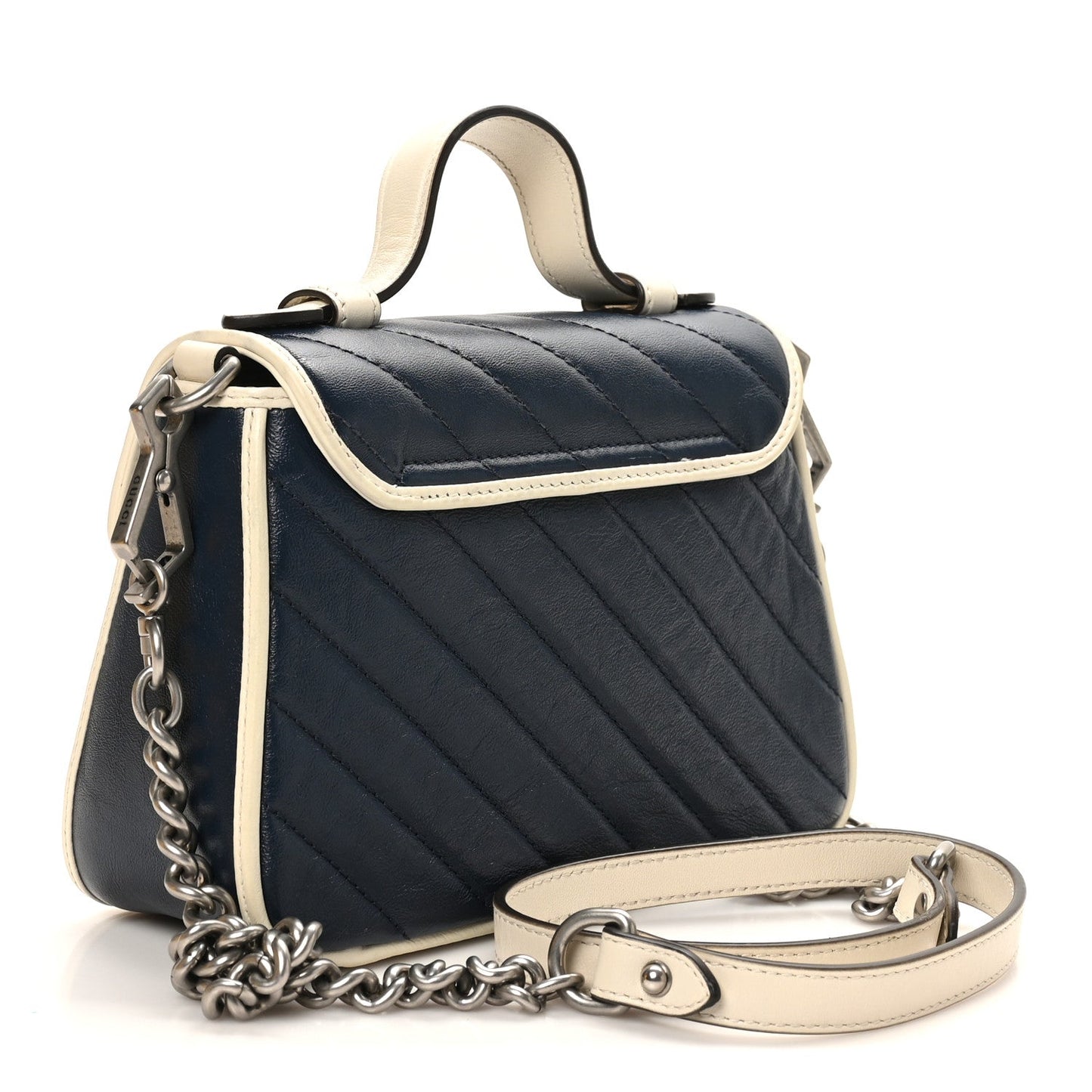 Gucci Vintage Effect Calfskin Matelasse Diagonal Mini Torchon GG Marmont Top Handle Shoulder Bag Blue Agata Mystic White