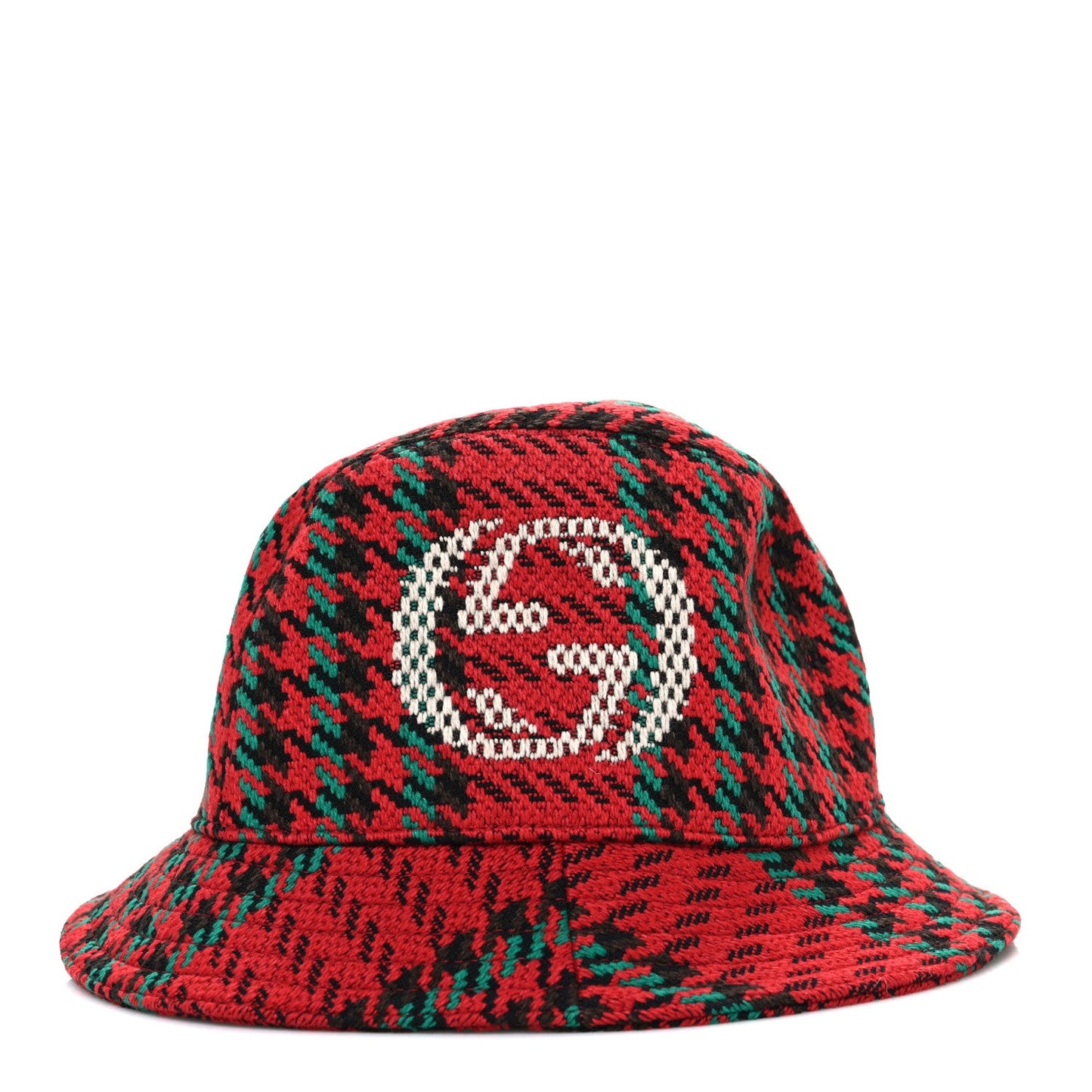 Gucci Tweed Wool Houndstooth Interlocking G Bucket Hat M Red Green