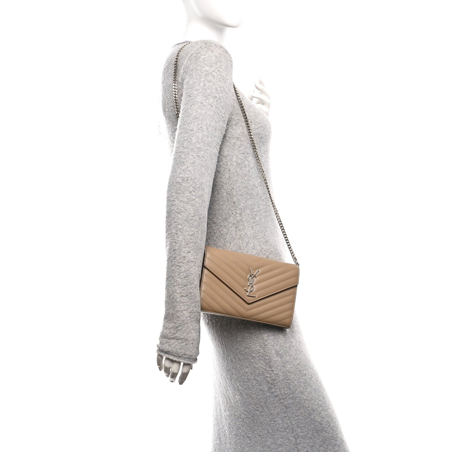 Saint Laurent Grain De Poudre Matelasse Chevron Monogram Chain Wallet Taupe