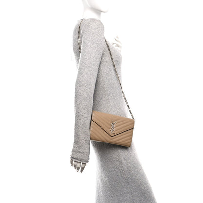 Saint Laurent Grain De Poudre Matelasse Chevron Monogram Chain Wallet Taupe