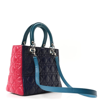 Christian Dior Lambskin Cannage Medium Tri-Color Lady Dior Sapphire Fuchsia Turquoise