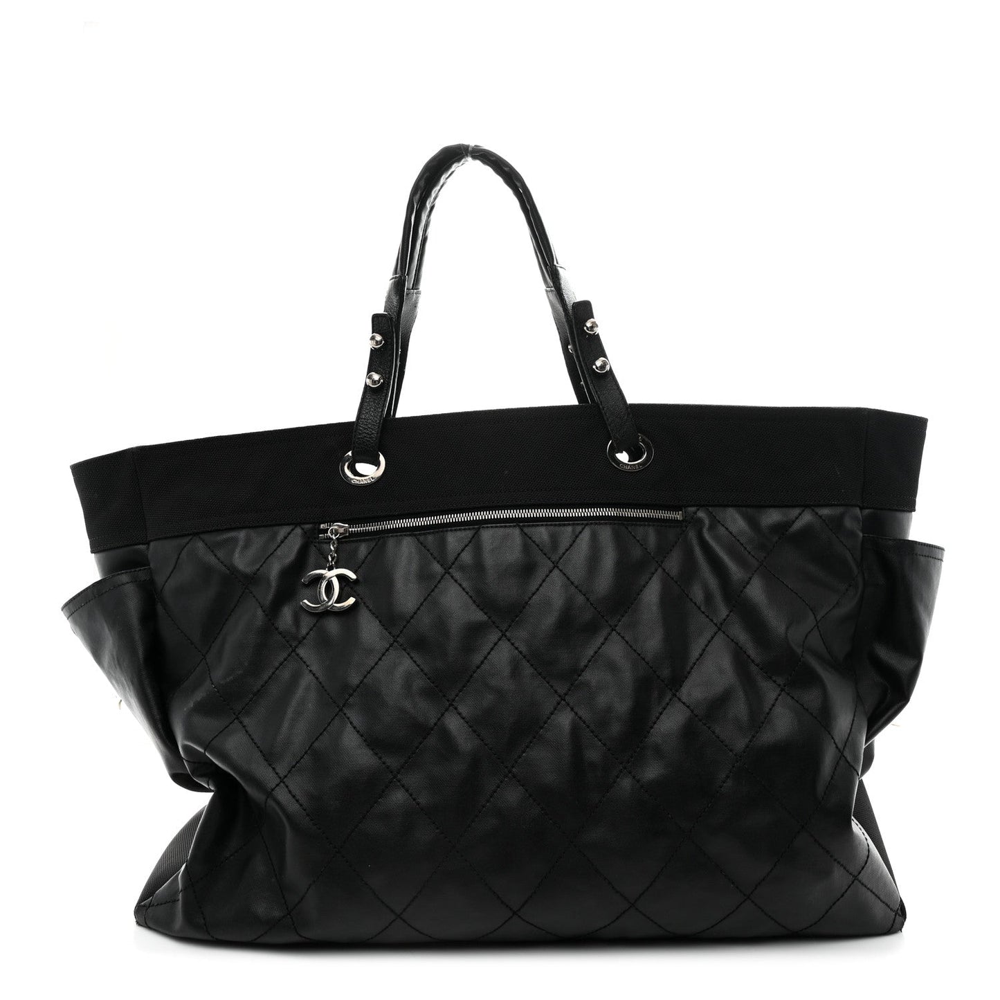 Chanel Coated Canvas Stitched XL Paris Biarritz Tote Black
