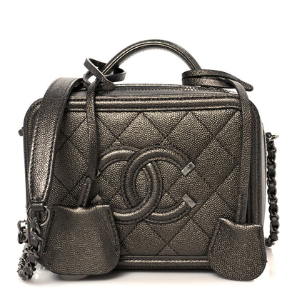 Chanel Metallic Caviar Quilted Small CC Filigree Vanity Case Dark Silver