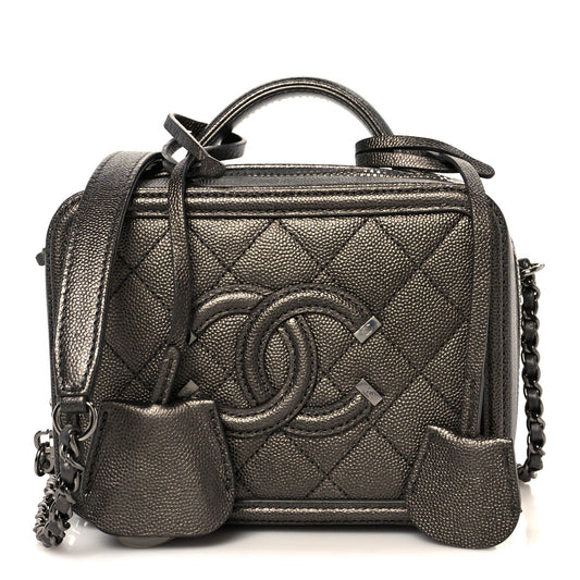Chanel Metallic Caviar Quilted Small CC Filigree Vanity Case Dark Silver