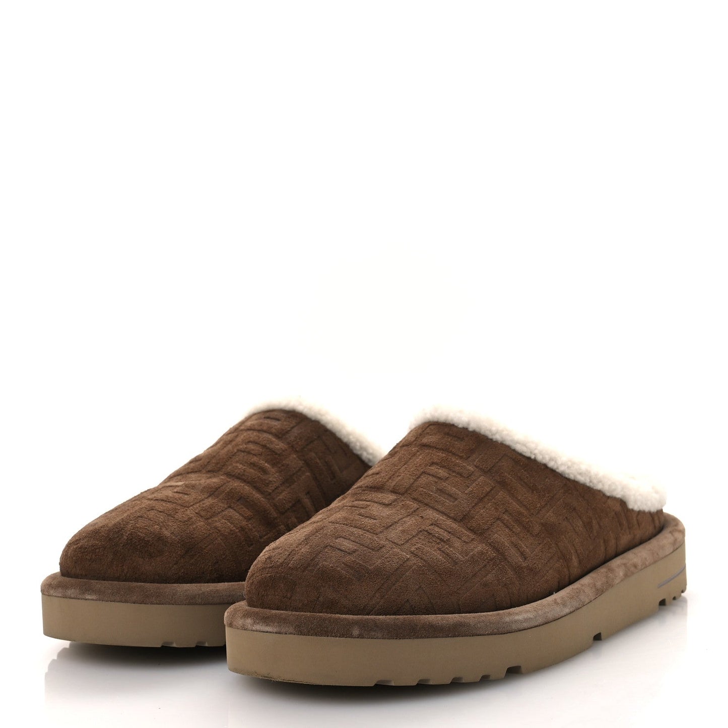 Fendi Suede Shearling FF Embossed Mens Sabot Mules 39 Brown