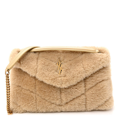 Saint Laurent Merino Shearling Lambskin Quilted Small Loulou Puffer Monogram Chain Satchel Natural Beige