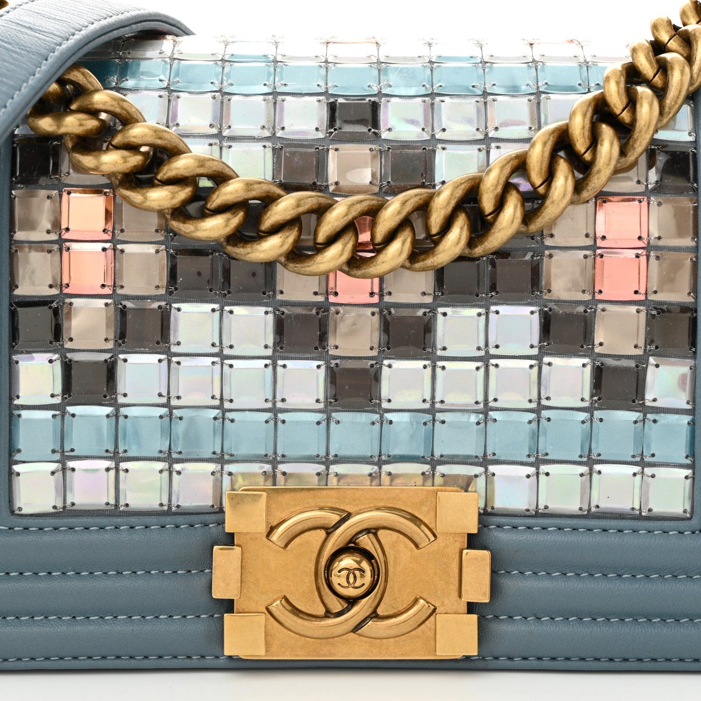 Chanel Lambskin Tile Embroidered Small Brasserie Mosaic Boy Flap Blue Multicolor