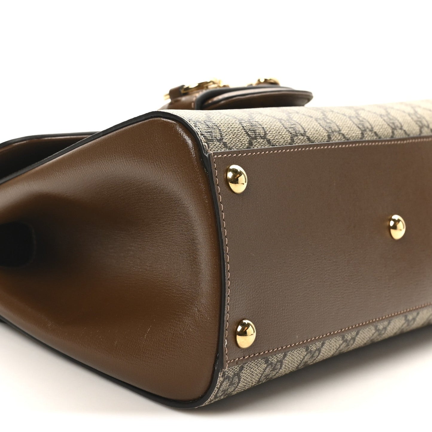 Gucci GG Supreme Monogram Calfskin Medium Horsebit 1955 Top Handle Bag Beige Ebony Brown Sugar
