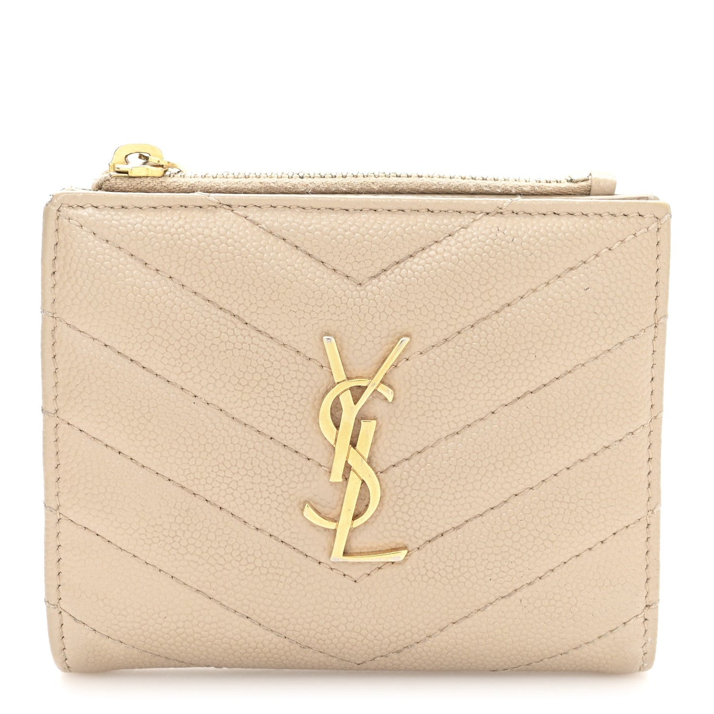 Saint Laurent Grain De Poudre Matelasse Chevron Monogram Zipped Card Case Dark Beige