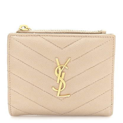 Saint Laurent Grain De Poudre Matelasse Chevron Monogram Zipped Card Case Dark Beige