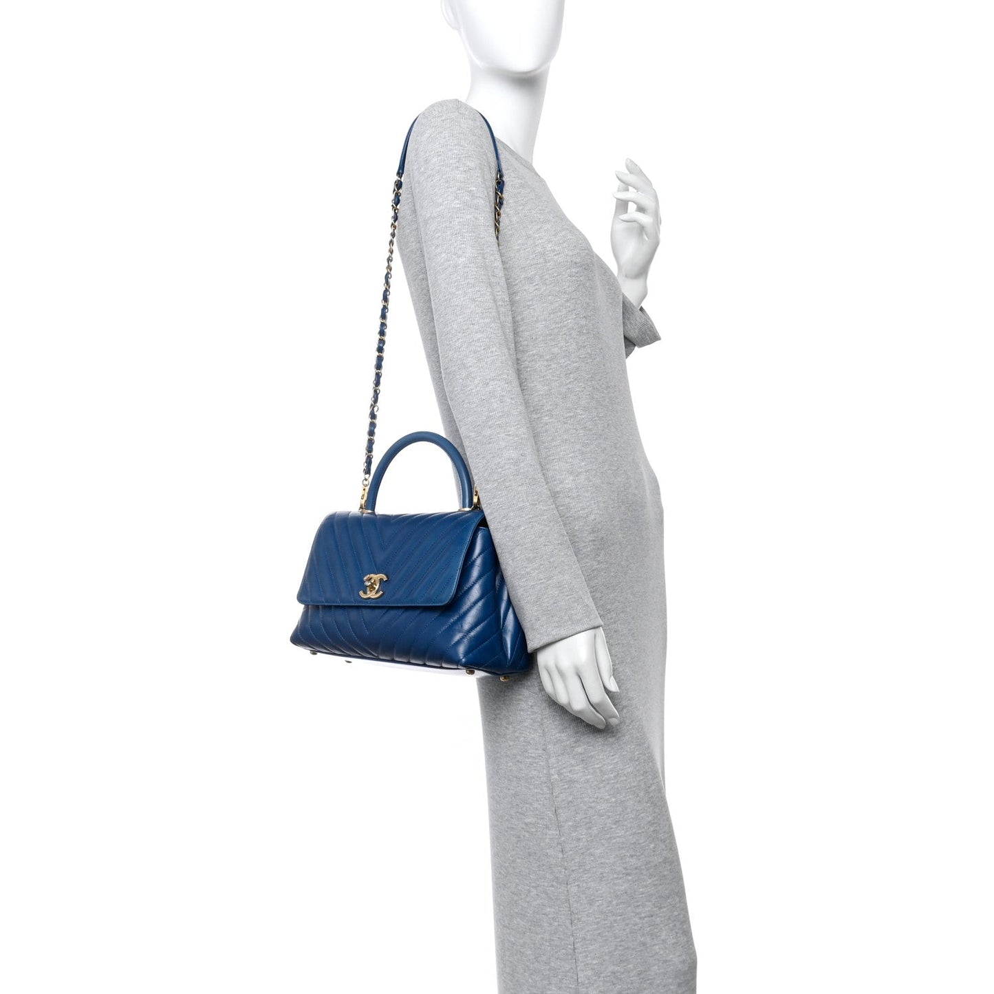 Chanel Aged Calfskin Chevron Quilted Small Coco Handle Flap Blue