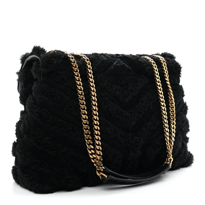 Saint Laurent Shearling Y Quilted Monogram Medium Loulou Chain Satchel Black