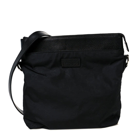 Gucci Nylon Monogram Dollar Calfskin Flat Messenger Bag Black