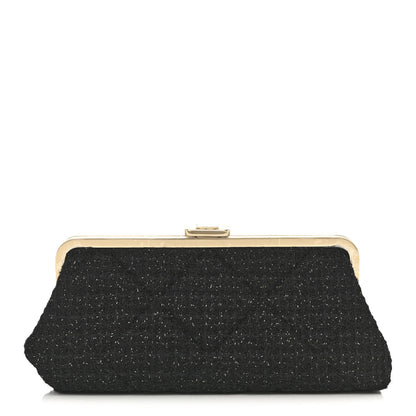 Chanel Tweed Quilted Kiss Lock Clutch Black