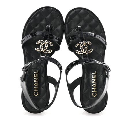 Chanel Patent CC Logo Thong Sandals 37 Black