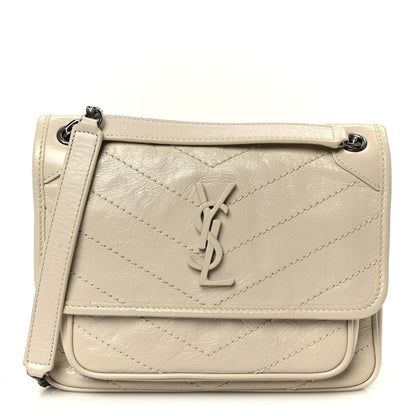 Saint Laurent Crinkled Calfskin Matelasse Monogram Baby Niki Chain Satchel Crema Soft