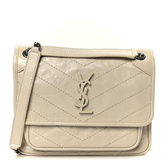Saint Laurent Crinkled Calfskin Matelasse Monogram Baby Niki Chain Satchel Crema Soft
