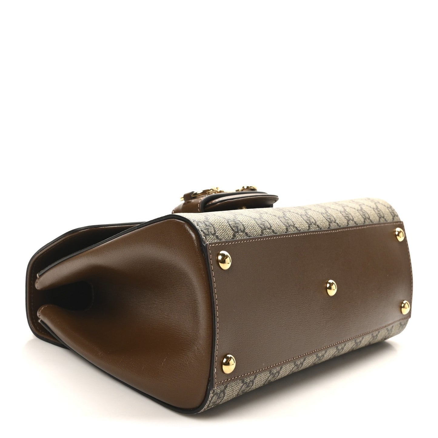 Gucci GG Supreme Monogram Calfskin Medium Horsebit 1955 Top Handle Bag Beige Ebony Brown Sugar