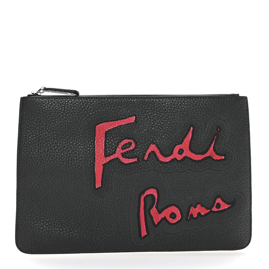 Fendi Cuoio Romano Logo Pouch Black