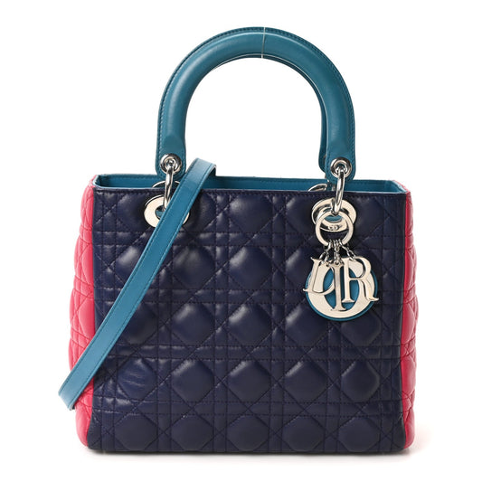 Christian Dior Lambskin Cannage Medium Tri-Color Lady Dior Sapphire Fuchsia Turquoise