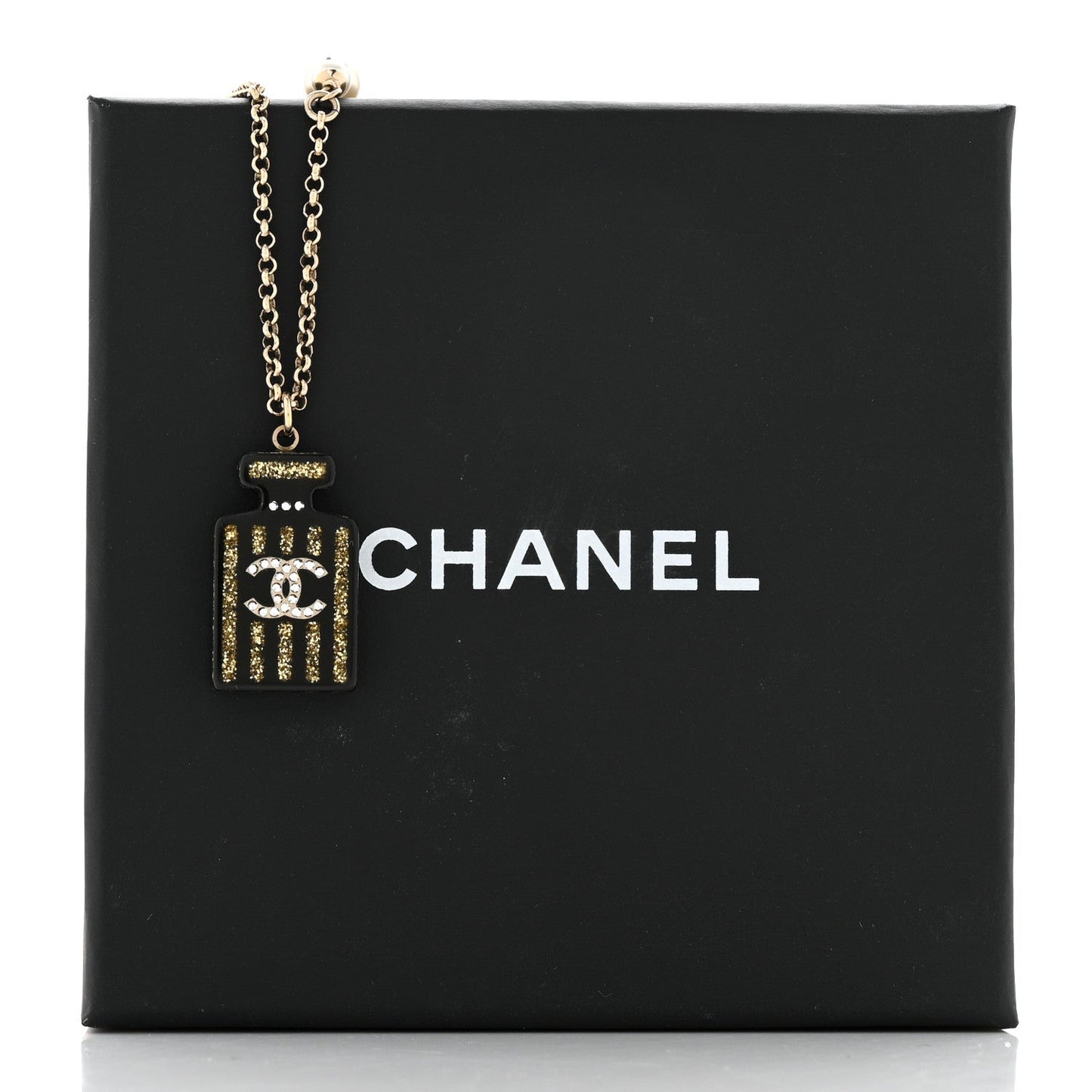 Chanel Resin Strass Pearl Perfume Bottle CC Necklace Black Gold