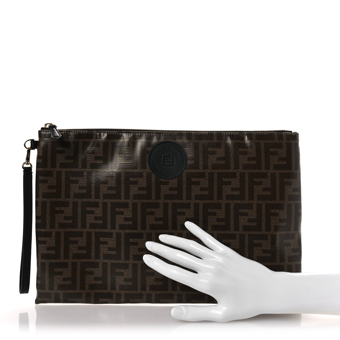 Fendi Glazed Fabric Vitello Century FF 1974 Stamp Patch Large Flat Pouch Mogano Panna Black