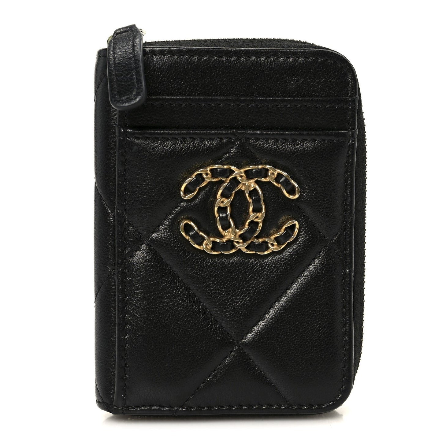 Chanel Lambskin Quilted Chanel 19 Vertical Zip Card Holder Wallet Black