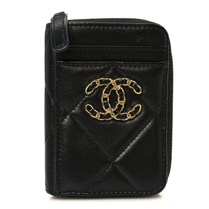 Chanel Lambskin Quilted Chanel 19 Vertical Zip Card Holder Wallet Black
