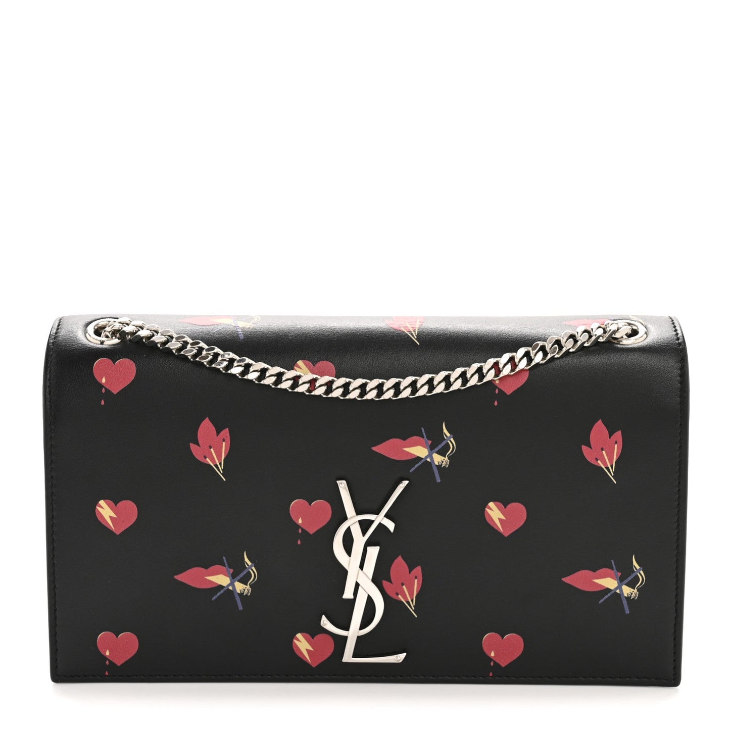 Saint Laurent Calfskin Medium Heart Bolts Monogram Kate Satchel Black