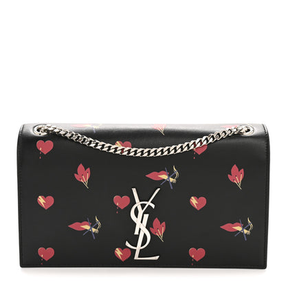 Saint Laurent Calfskin Medium Heart Bolts Monogram Kate Satchel Black