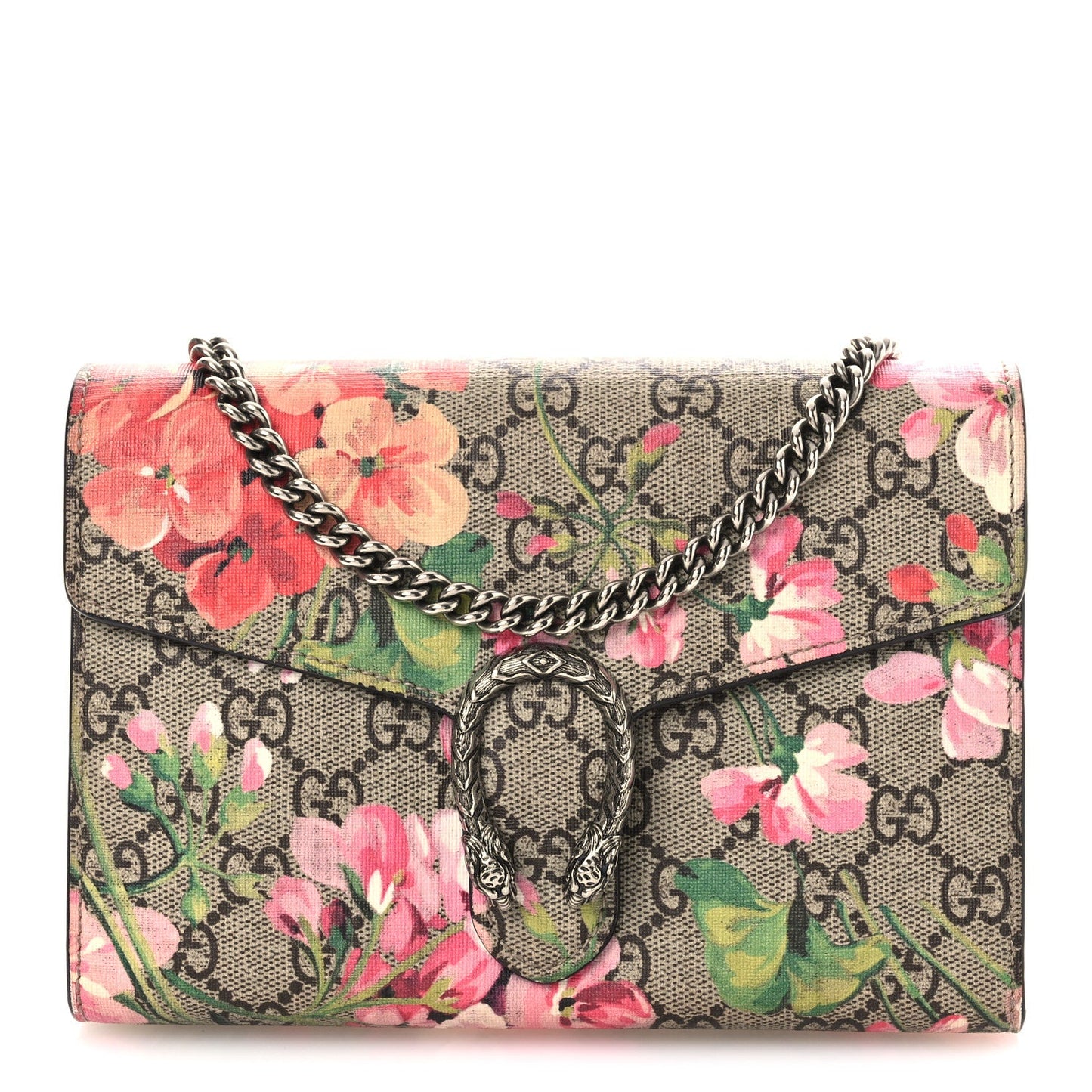 Gucci GG Supreme Monogram Blooms Mini Dionysus Chain Wallet Beige Multicolor Dry Rose