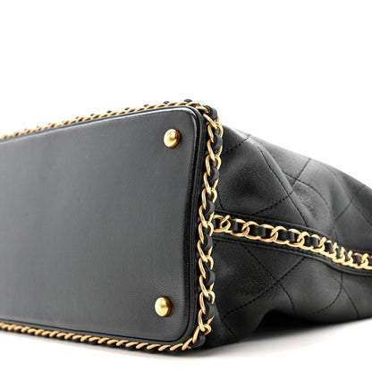 Chanel Shiny Lambskin Quilted Chain Around Shopping Tote Black