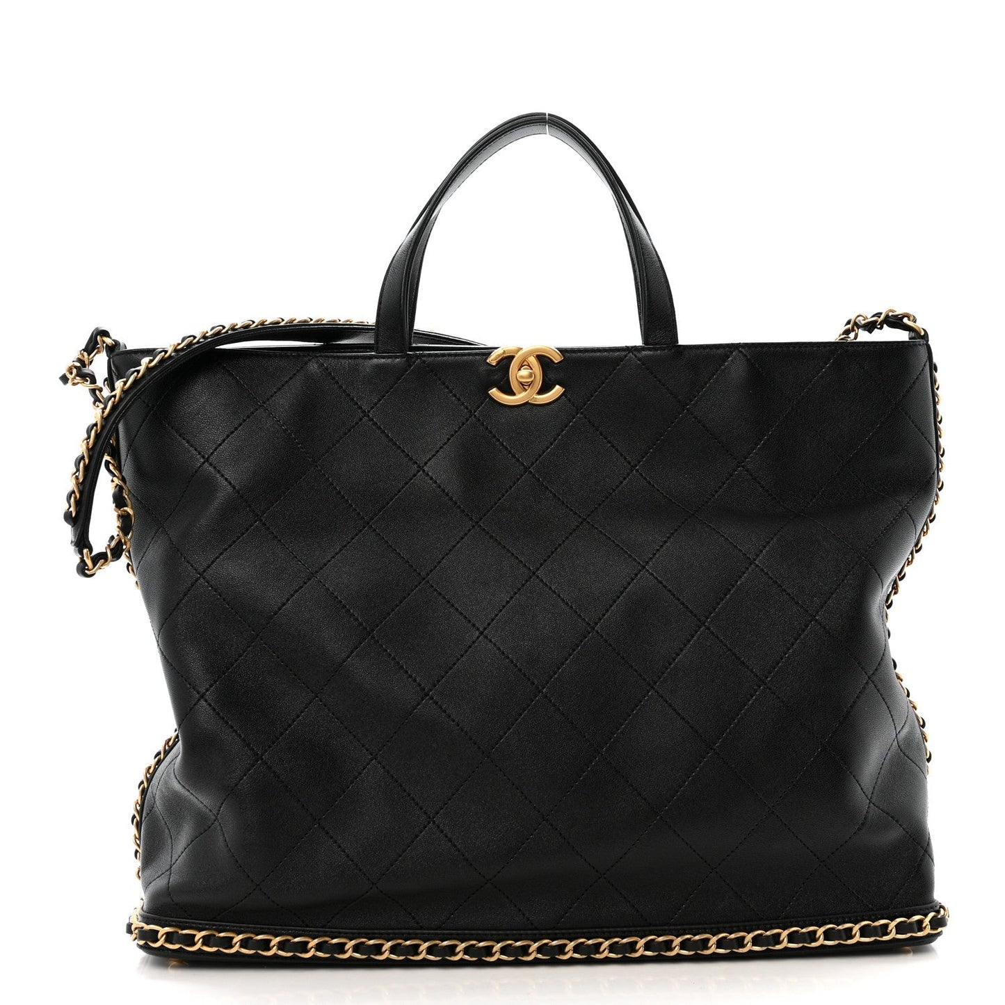 Chanel Shiny Lambskin Quilted Chain Around Shopping Tote Black