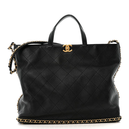 Chanel Shiny Lambskin Quilted Chain Around Shopping Tote Black