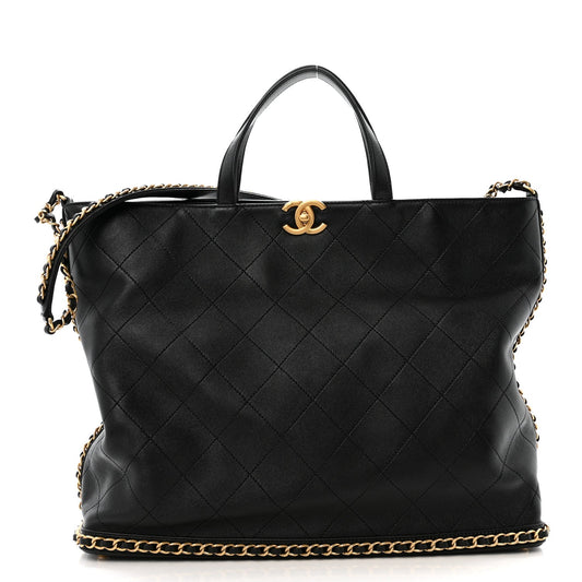 Chanel Shiny Lambskin Quilted Chain Around Shopping Tote Black